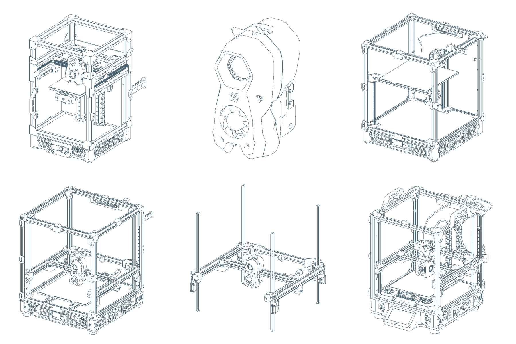 CAD projections: V0.2r1, V2.4 toolhead, Trident, V2.4, V2.4 gantry, Micron Plus